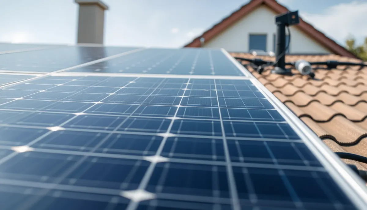 Gros plan sur des panneaux solaires installés sur un toit, mettant en évidence les cellules photovoltaïques et le système de fixation