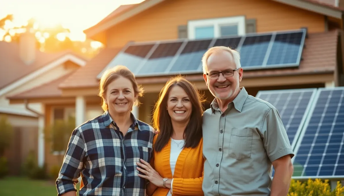 Couple de propriétaires satisfaits devant leur maison équipée de panneaux solaires