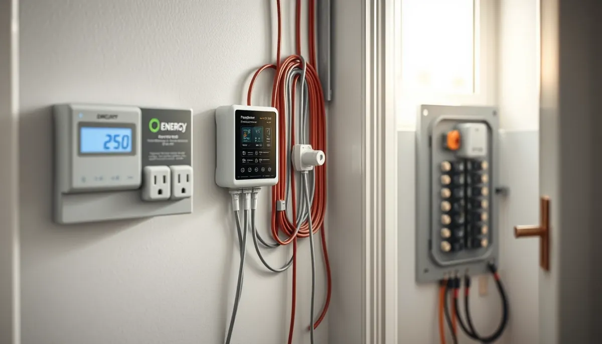 Gestionnaire d'énergie domestique et prises connectées installés dans un local technique lumineux pour piloter les usages solaires