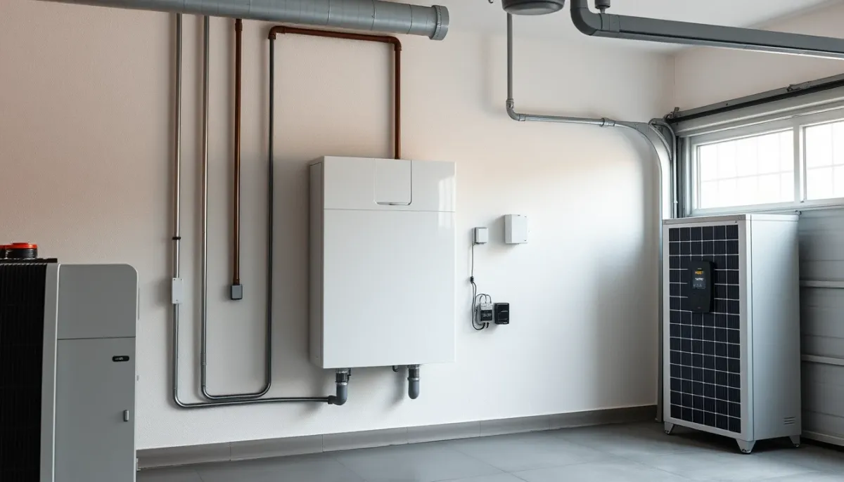 Batterie de stockage domestique installée dans un garage à côté de l'onduleur solaire pour augmenter le taux d'autoconsommation