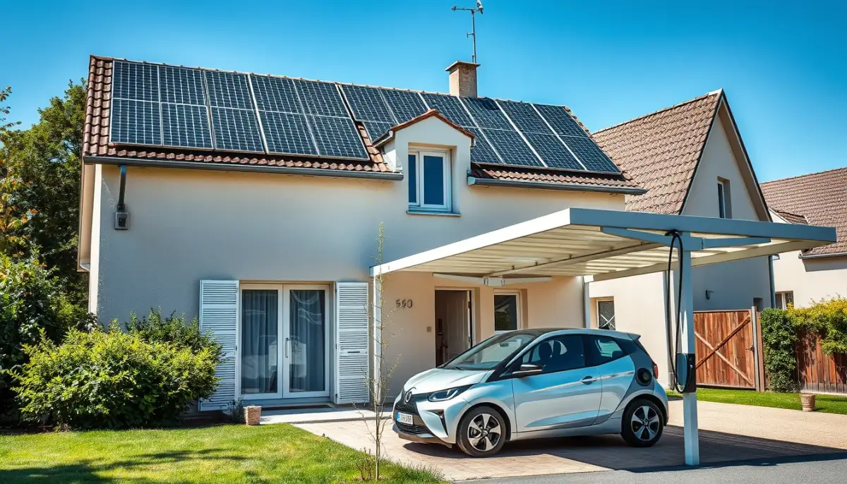 Maison francilienne équipée de panneaux solaires avec un véhicule électrique en recharge sous un carport en journée