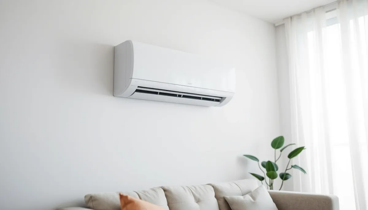 Vue en contre-plongée d'une unité murale de climatisation blanche installée dans un intérieur épuré