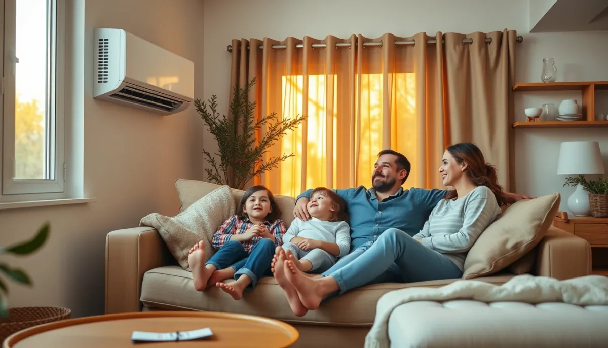 Famille se détendant dans un salon chauffé par une pompe à chaleur air/air murale