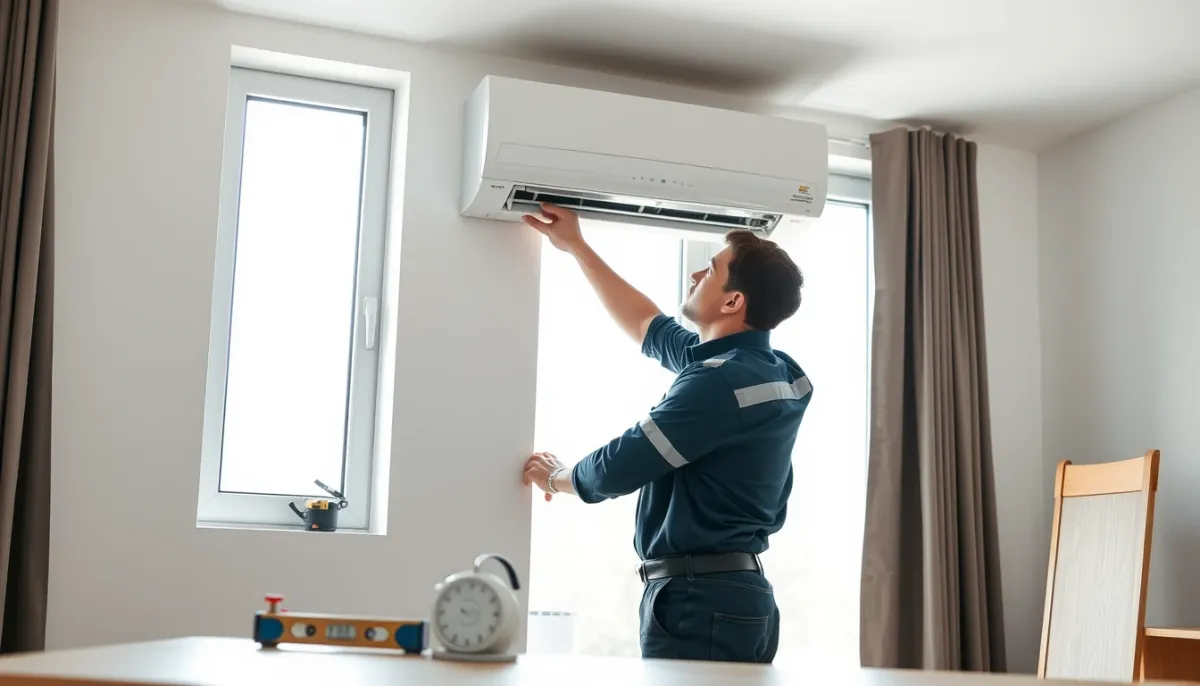 Technicien installant une unité murale de pompe à chaleur air/air dans une pièce