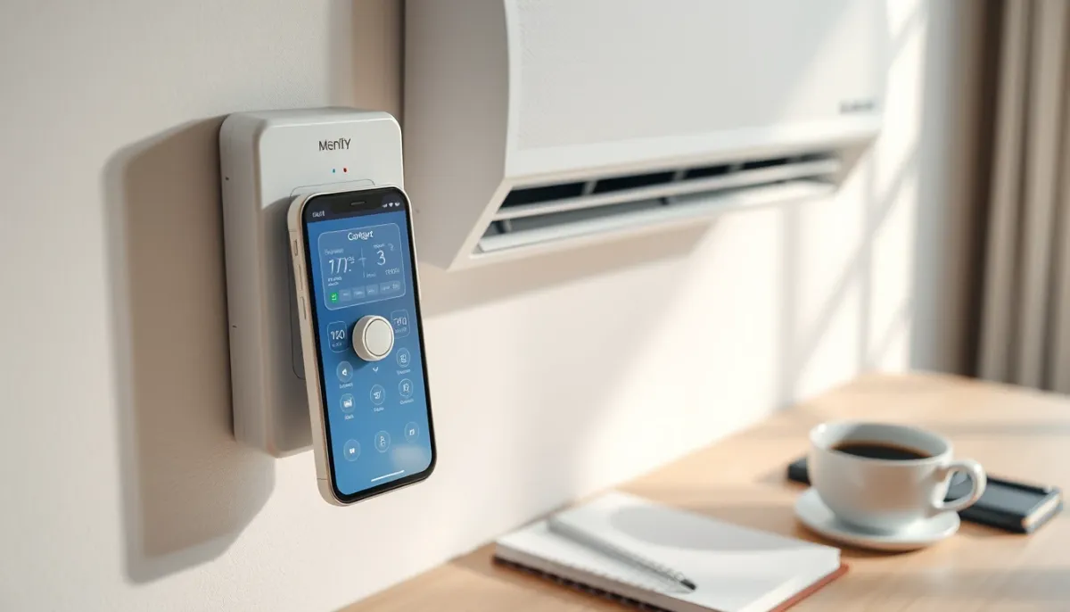 Télécommande et smartphone affichant une application de pilotage de climatisation