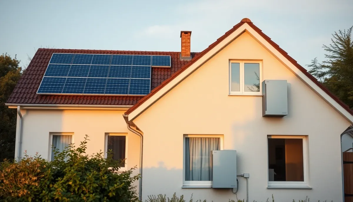 Maison de banlieue avec panneaux solaires et batterie de stockage