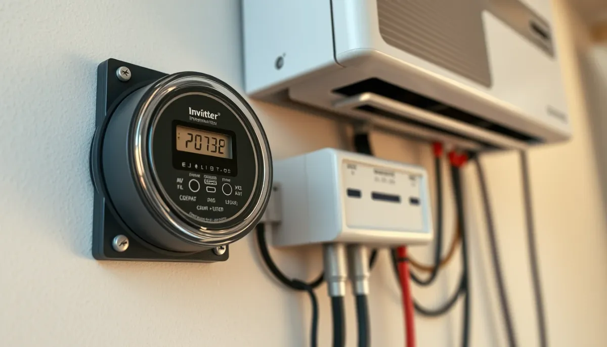 Compteur électrique et onduleur solaire installés sur un mur intérieur