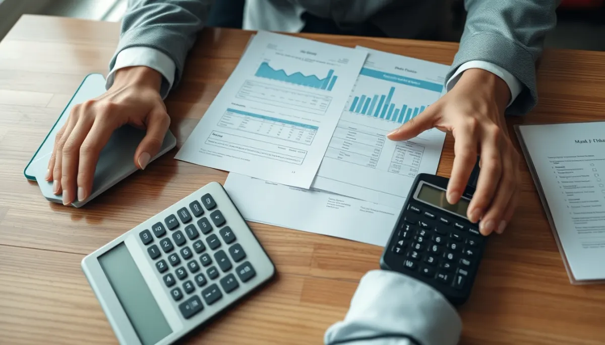 Mains examinant des documents officiels et une calculatrice sur un bureau en bois