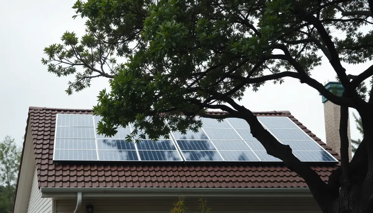 Toit avec panneaux solaires partiellement ombragés par un arbre