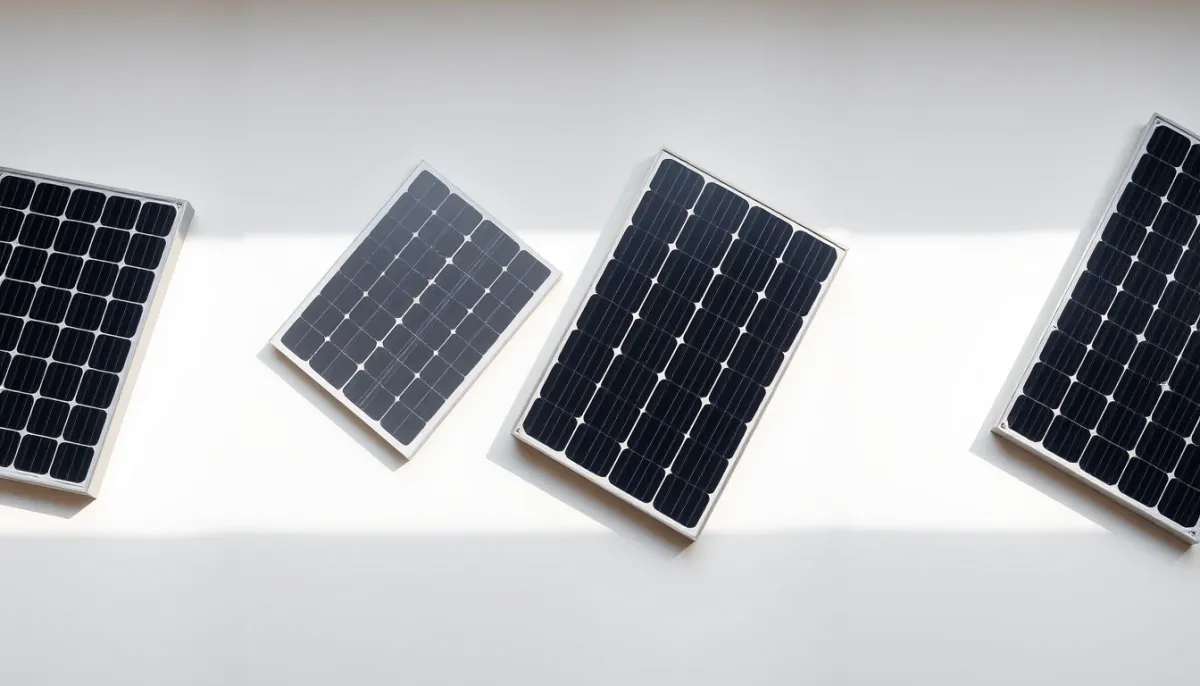 Comparatif de cinq panneaux solaires haut rendement vus de dessus sur fond neutre