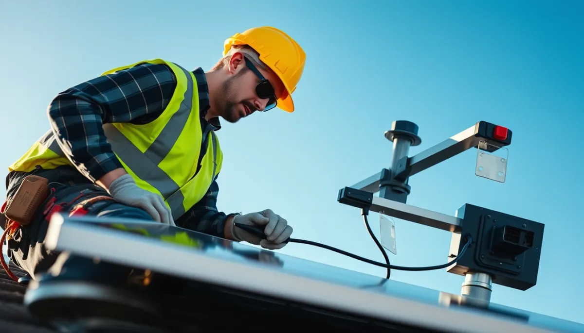 Installateur posant des panneaux solaires sur une toiture en plein jour