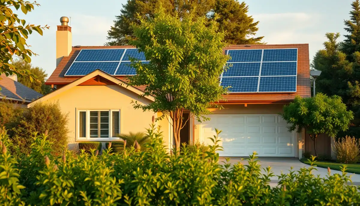 Maison de banlieue équipée de panneaux solaires dans un quartier résidentiel