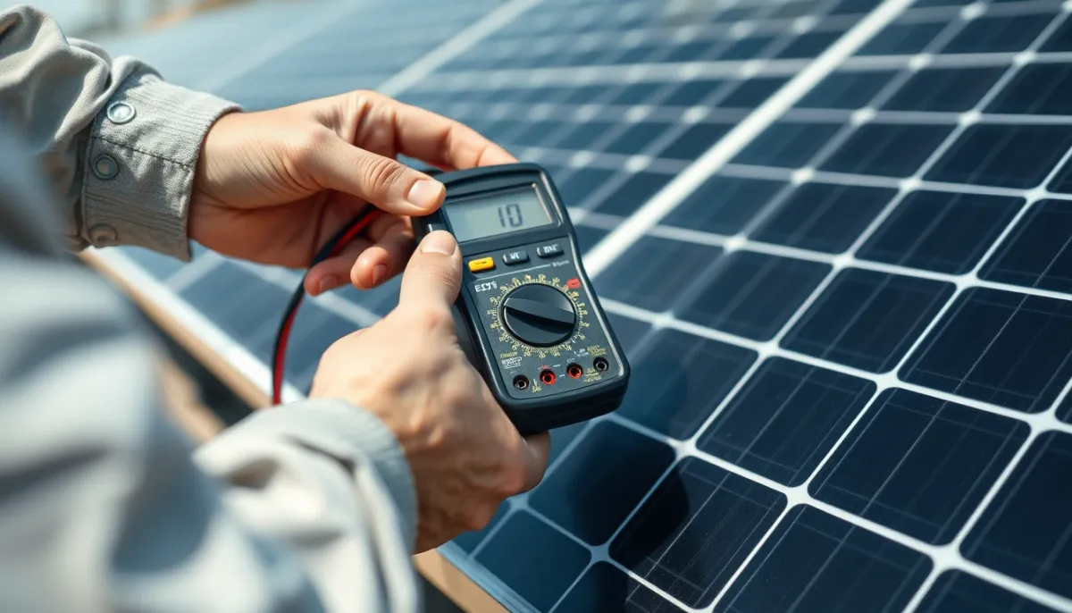 Technicien mesurant la production d'un panneau solaire avec un multimètre numérique, gros plan