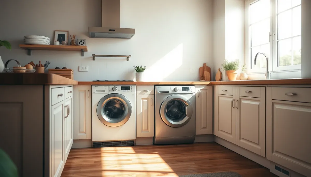 Cuisine moderne avec lave-linge et lave-vaisselle en fonctionnement en journée, éclairée par la lumière naturelle
