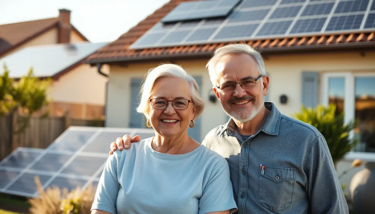 Couple souriant devant leur maison équipée de panneaux solaires en Île-de-France, plan moyen