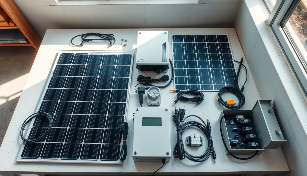 Composants d'un kit solaire autoconsommation : panneaux, onduleur, structure de montage, compteur Wi-Fi et tableau de protection