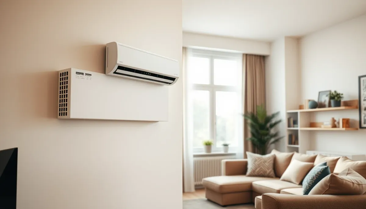 Unité intérieure murale d'une PAC air/air monosplit dans un salon lumineux