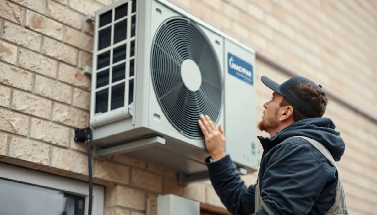 Technicien installant l'unité extérieure d'une pompe à chaleur air/air sur une façade