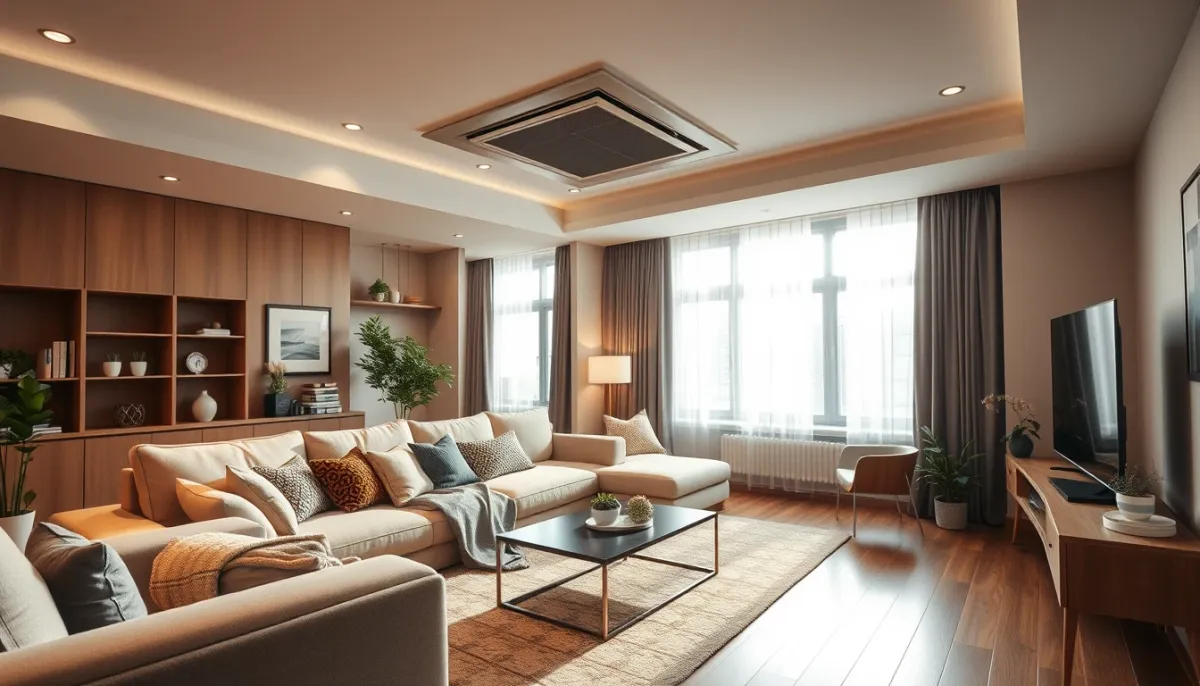 Salon familial confortable équipé d'une PAC air/air gainable avec bouche de soufflage discrète au plafond