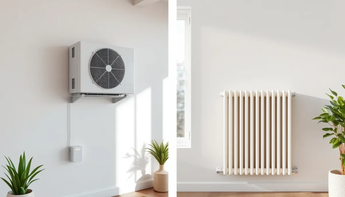 Comparaison visuelle entre une pompe à chaleur air/air murale et un radiateur électrique traditionnel
