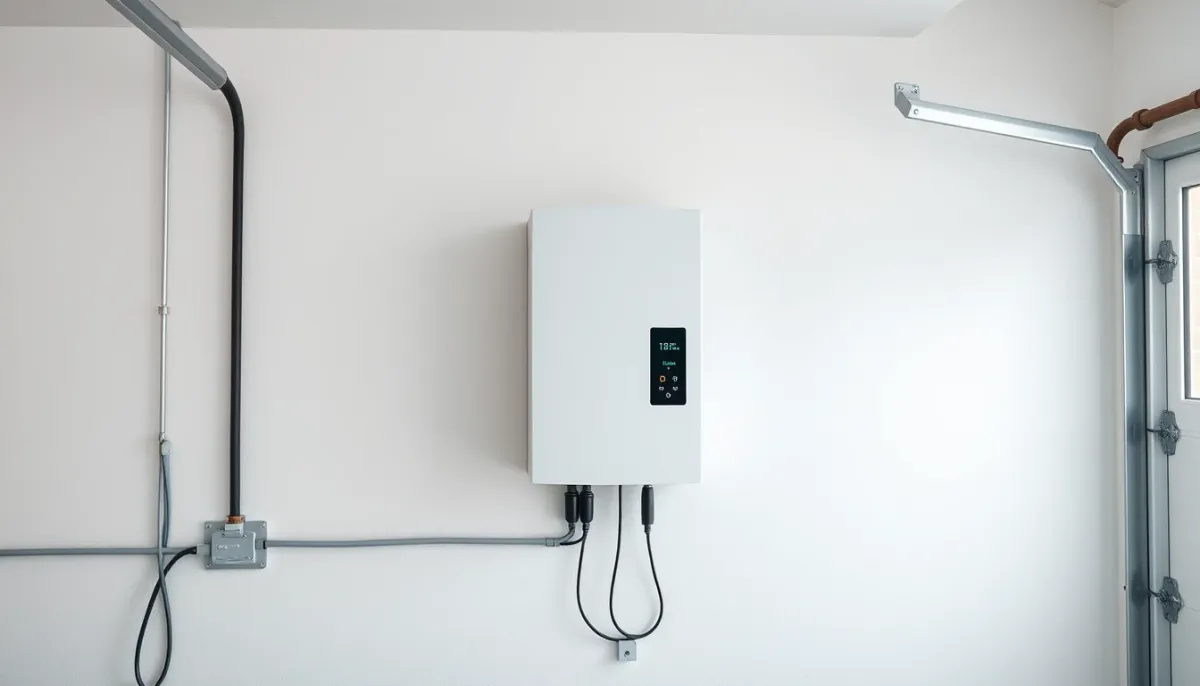Batterie solaire résidentielle au lithium fer phosphate (LFP) installée sur un mur de garage blanc, vue de face avec éclairage naturel latéral