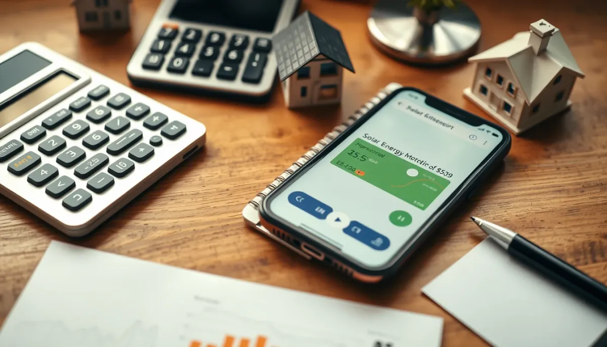 Vue de dessus d'un bureau en bois avec calculatrice, carnet de notes, maquette de maison et smartphone affichant une application de suivi solaire, pour illustrer le calcul de rentabilité
