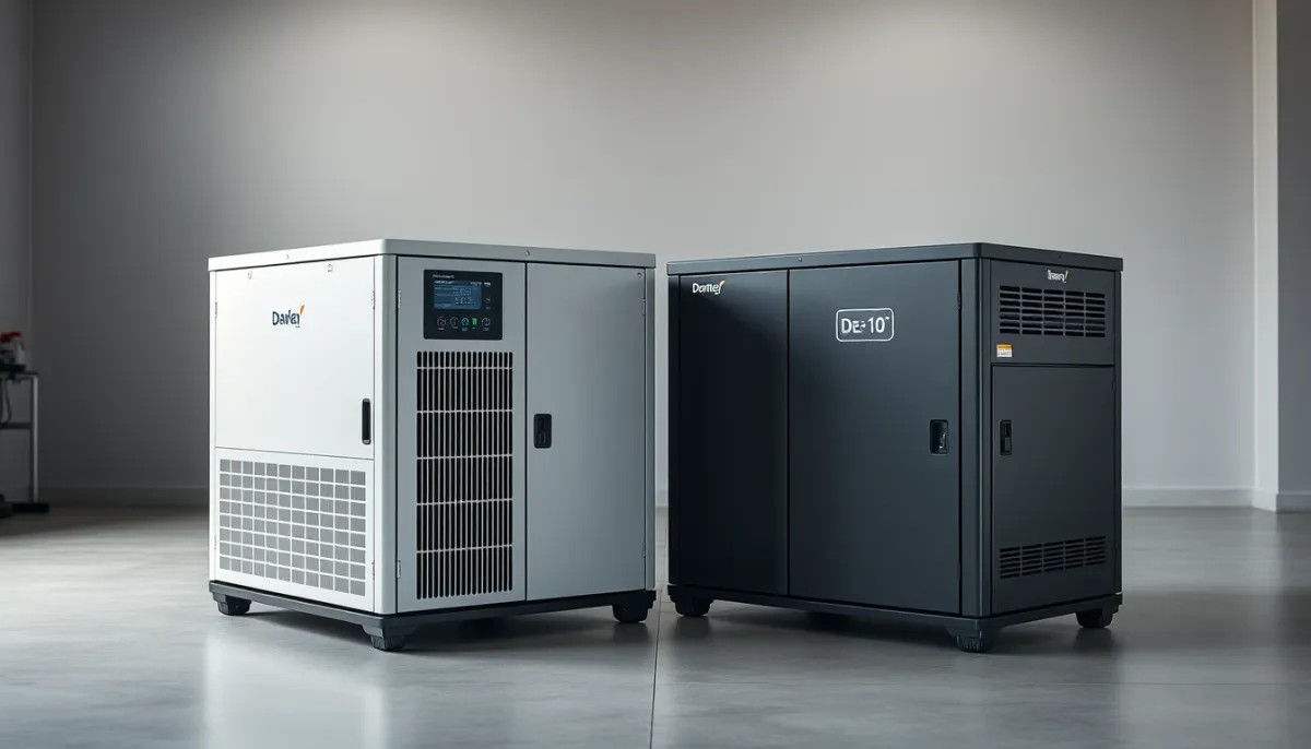 Deux batteries de stockage domestique de marques différentes côte à côte dans un garage lumineux, pour illustrer le comparatif entre concurrents