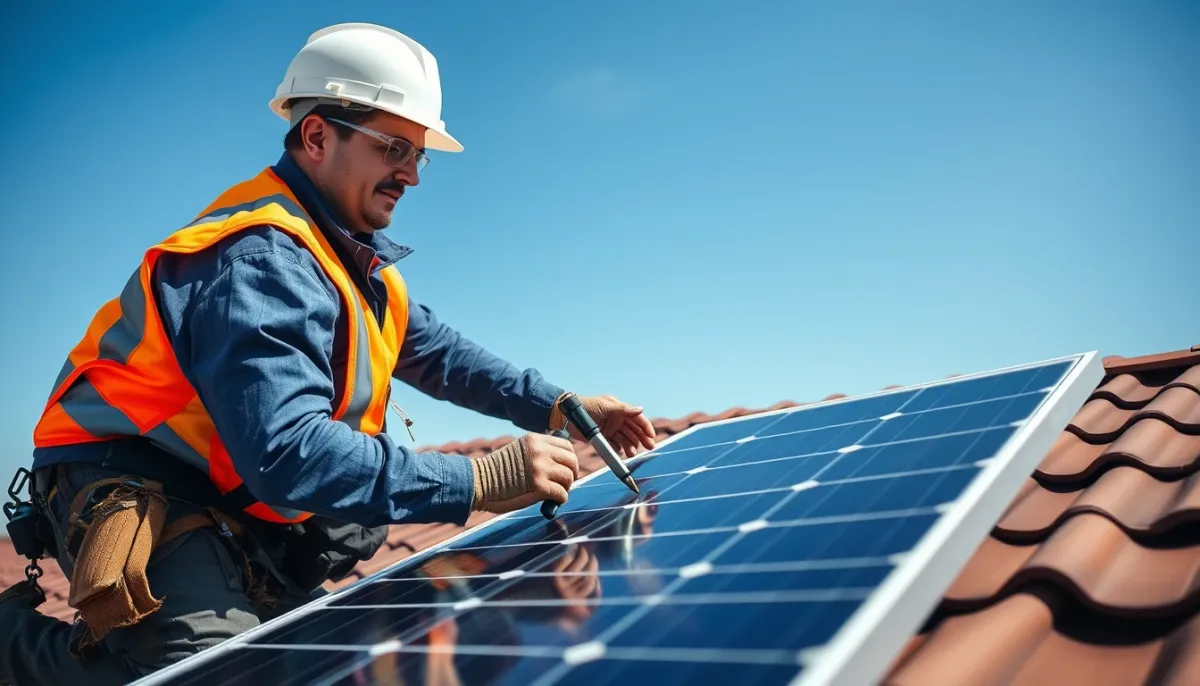 Installateur professionnel posant des panneaux solaires sur un toit