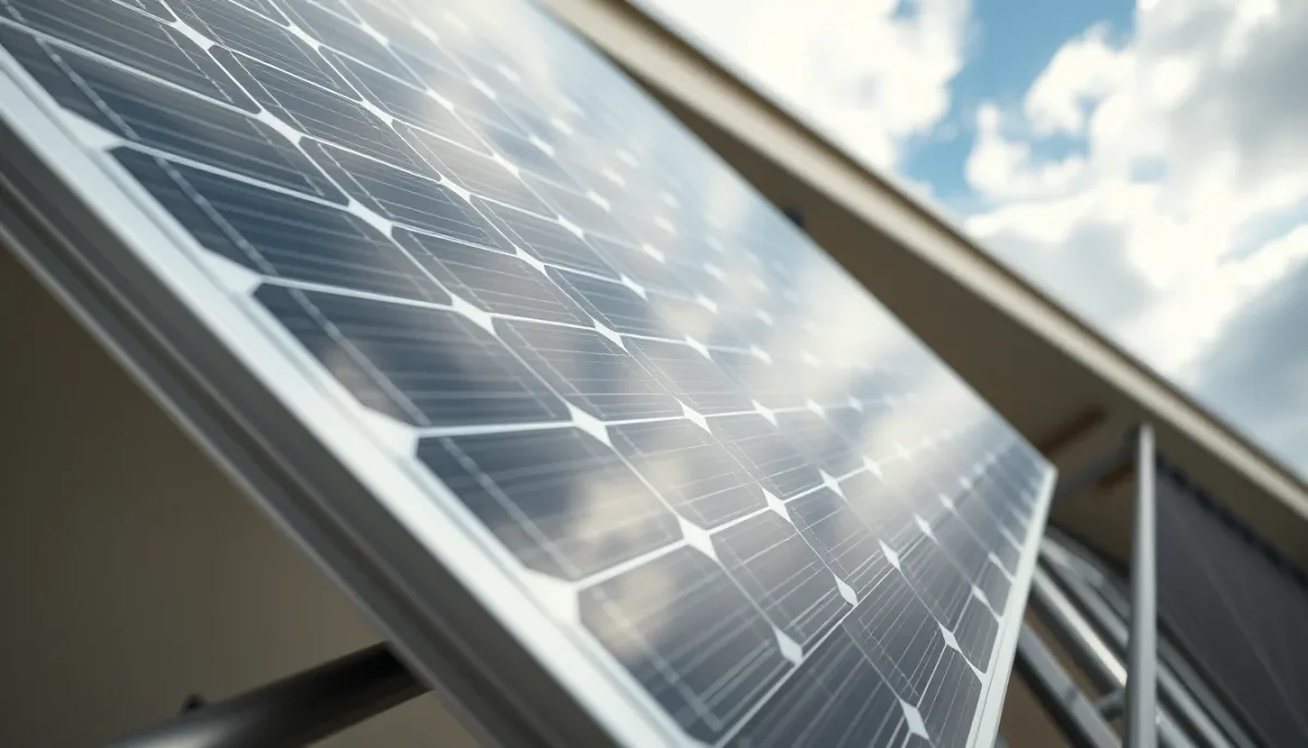 Gros plan sur un panneau solaire monocristallin fixé sur une rambarde de balcon