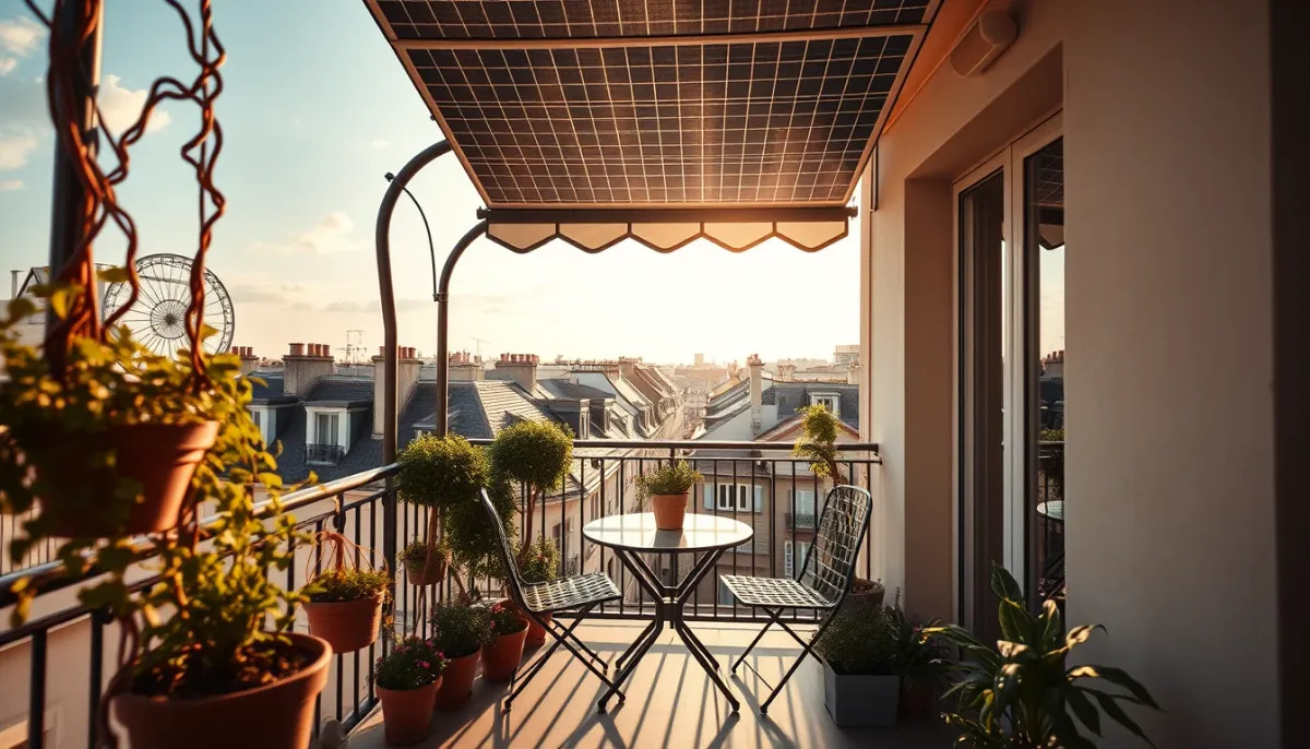 Balcon parisien aménagé avec des panneaux solaires et un espace détente