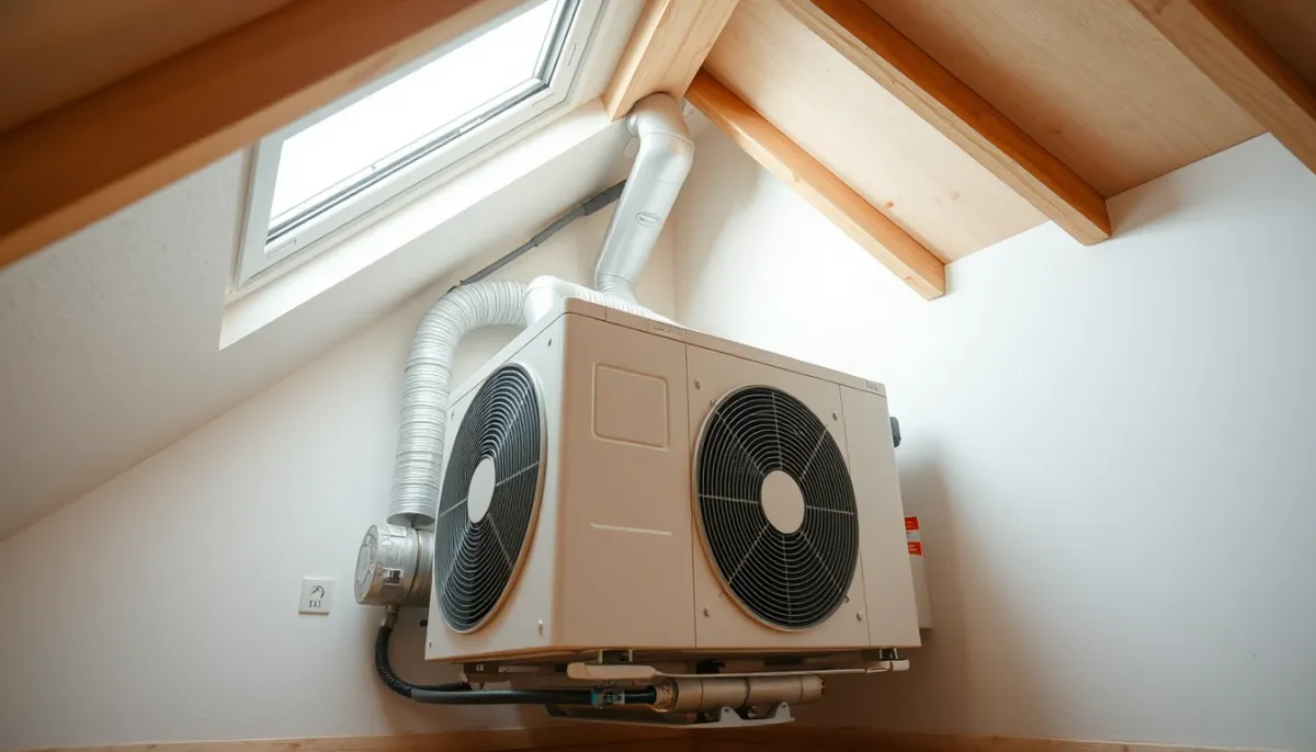Unité intérieure gainable d'une PAC air/air installée dans des combles avec réseau de gaines isolées