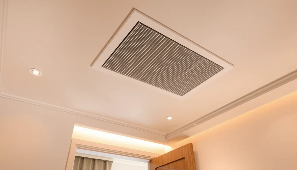 Grille de soufflage encastrée au-dessus d'une porte dans une chambre équipée d'une PAC gainable