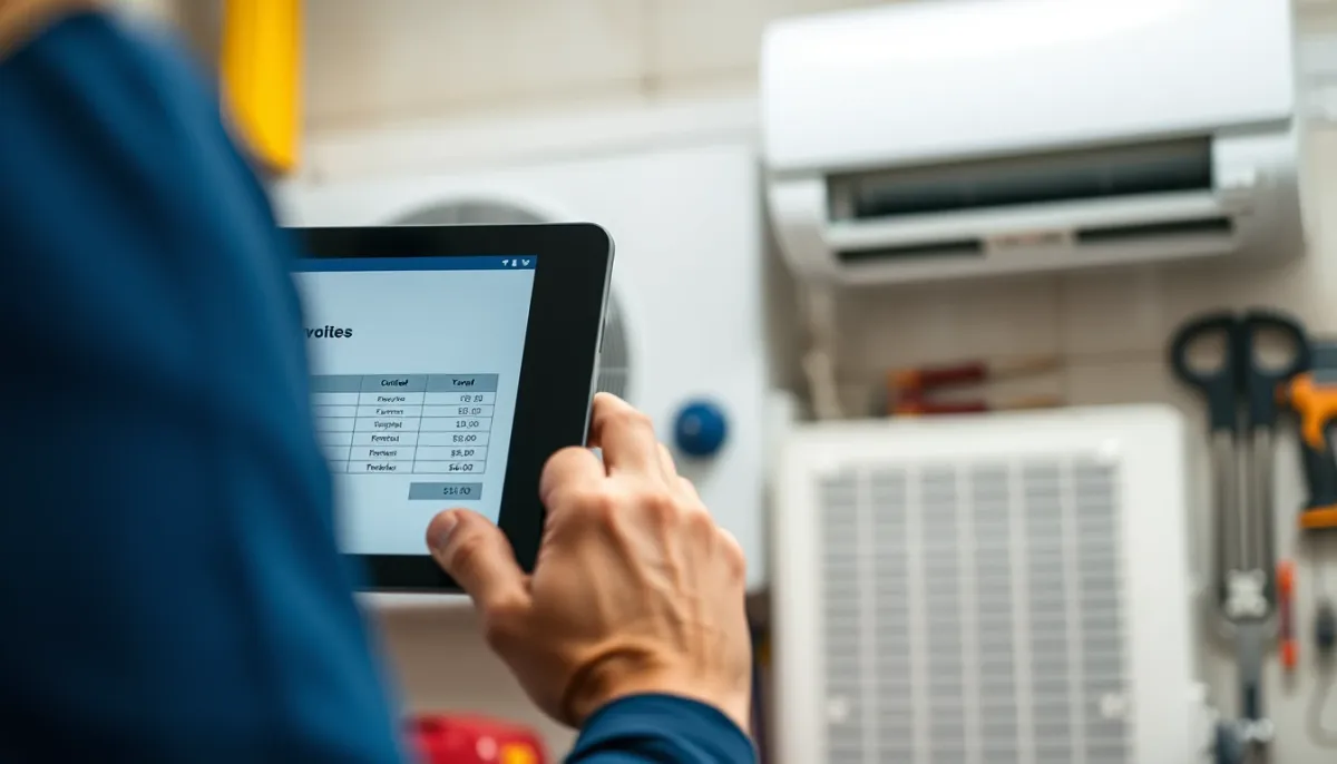 Devis d'installation d'une pompe à chaleur air/air gainable consulté sur tablette par un professionnel