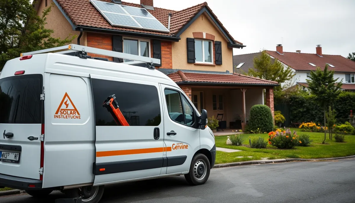 Camionnette d'installateur solaire devant une maison en Île-de-France