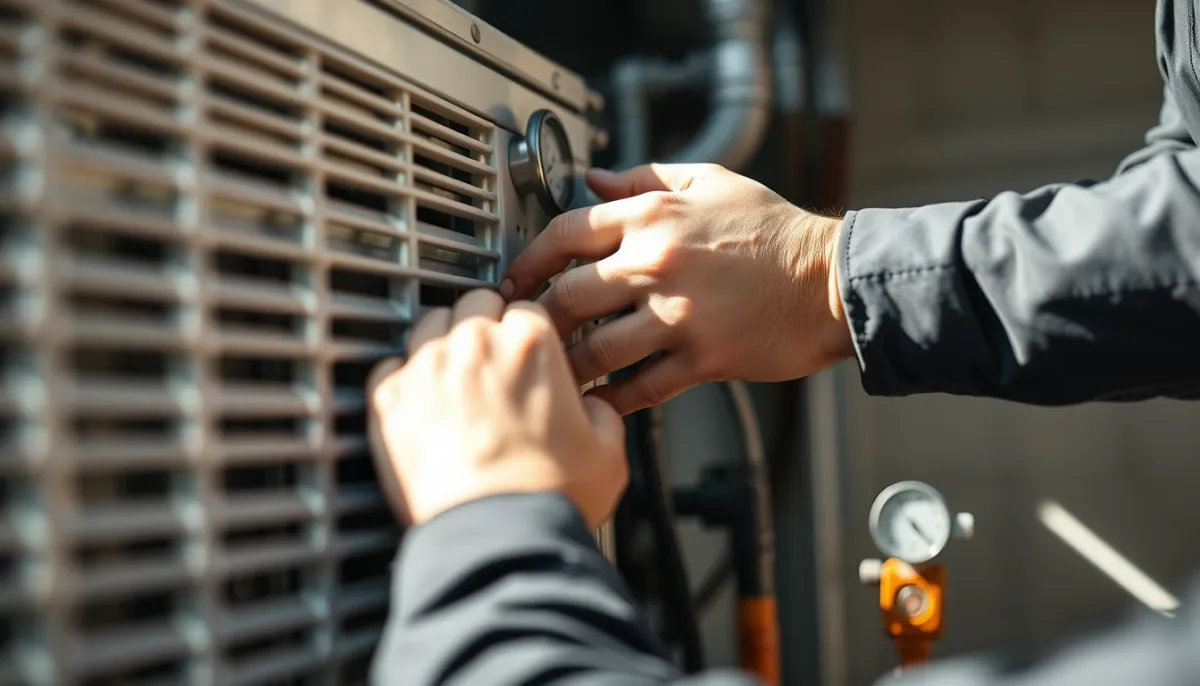 Technicien qualifié effectuant l'entretien d'une pompe à chaleur air/eau, vue rapprochée sur les mains et les outils