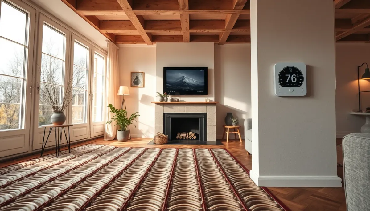 Salon confortable chauffé par une pompe à chaleur air/eau avec thermostat mural
