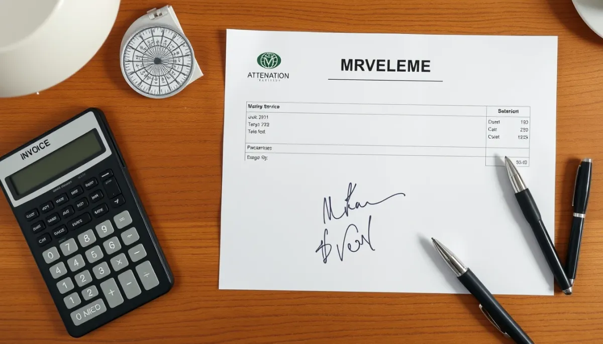 Facture d'entretien et attestation de conformité posées sur un bureau en bois