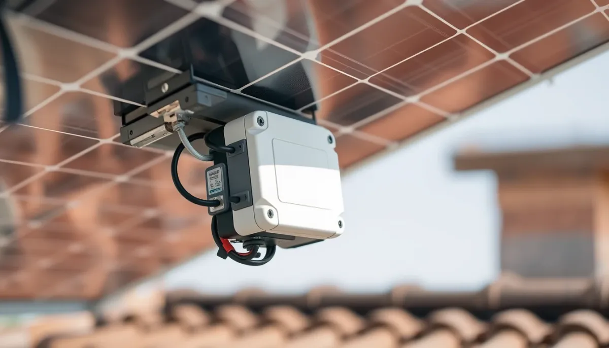 Gros plan sur un micro-onduleur installé sous un panneau solaire