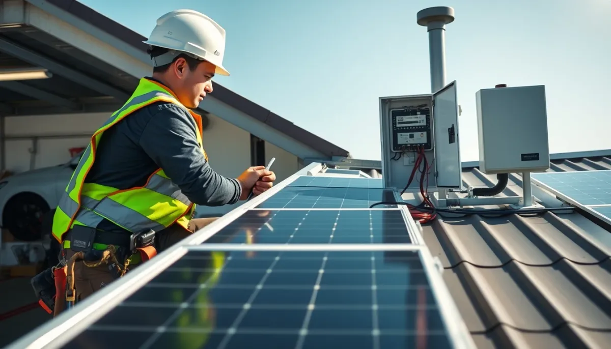 Installateur raccordant un onduleur central dans un local technique
