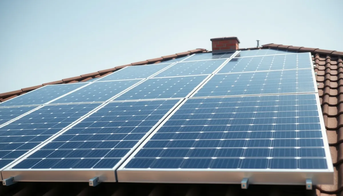 Champ de 15 panneaux solaires monocristallins alignés sur une toiture inclinée