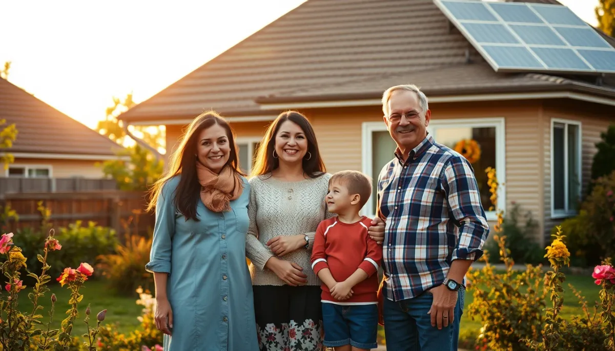 Famille de quatre personnes devant sa maison équipée de panneaux solaires en Île-de-France