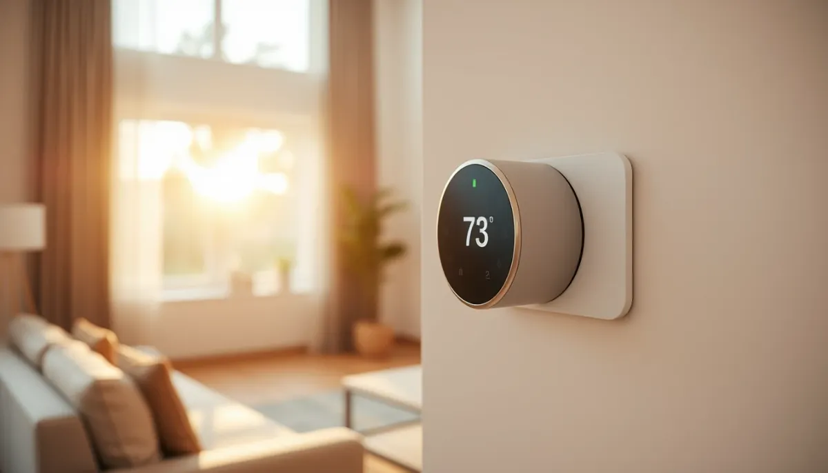 Thermostat connecté pilotant une pompe à chaleur Panasonic Aquarea dans un salon