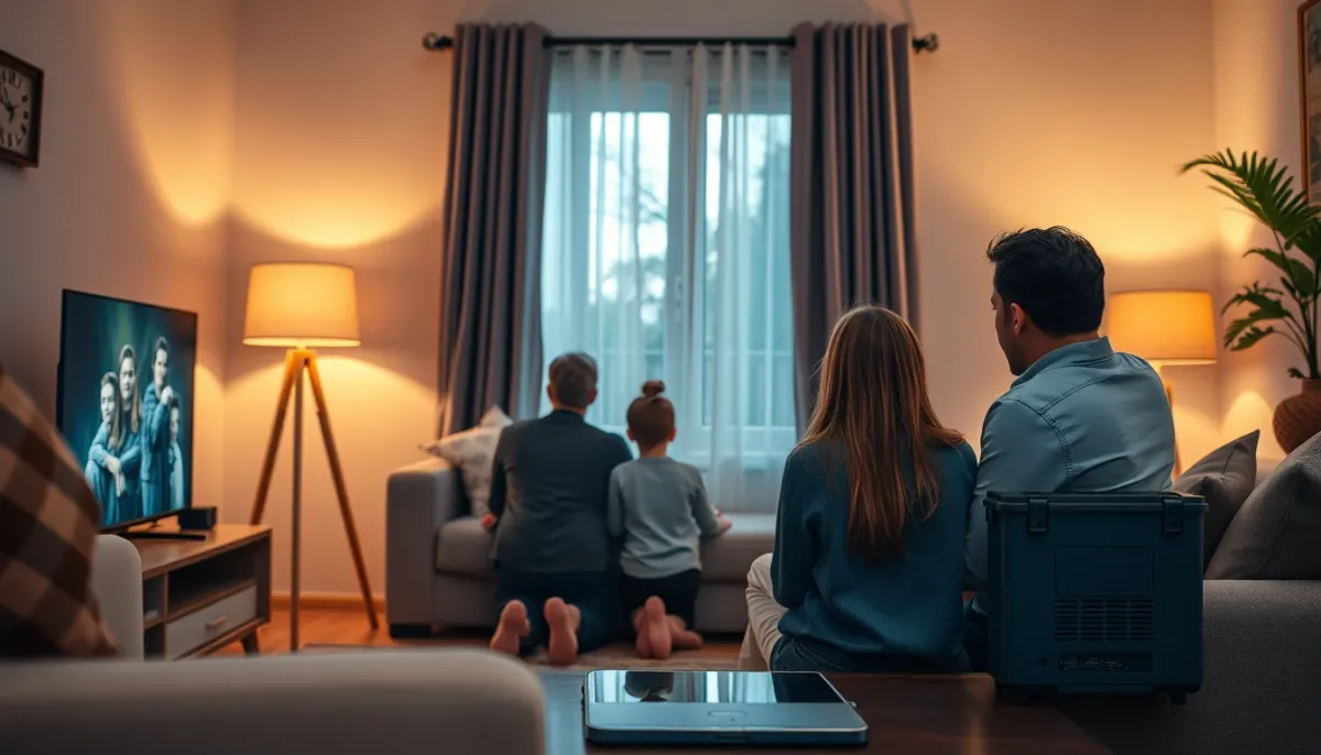 Famille dans un salon éclairé et serein pendant une coupure de courant grâce à la batterie solaire