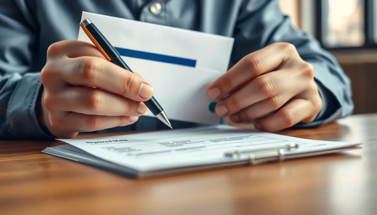 Mains tenant une lettre recommandée et un stylo, prêtes à envoyer une mise en demeure
