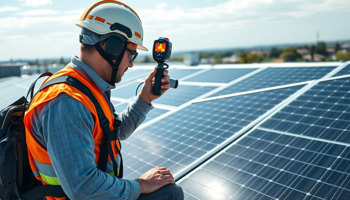 Technicien solaire inspectant des panneaux photovoltaïques avec une caméra thermique