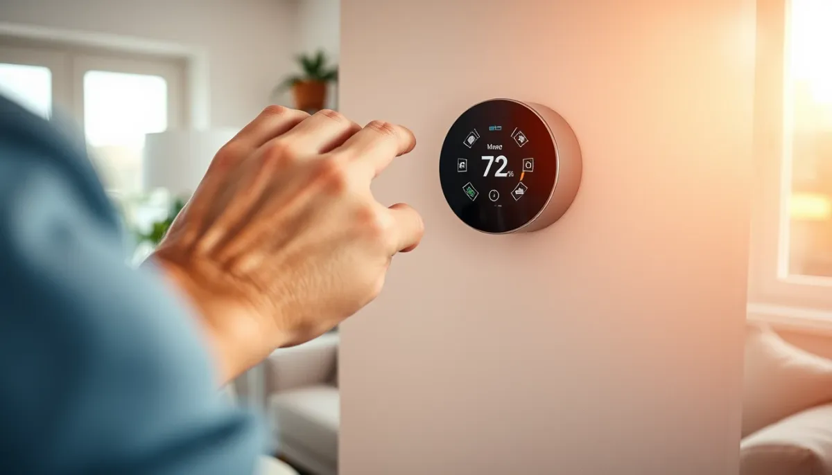 Réglage d'un thermostat connecté pilotant une pompe à chaleur air/eau dans un salon lumineux