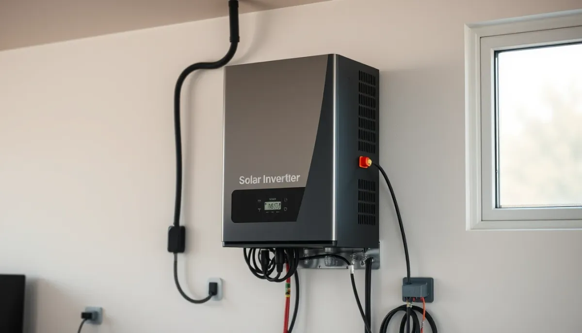 Onduleur solaire hybride installé sur un mur de garage avec câblage propre