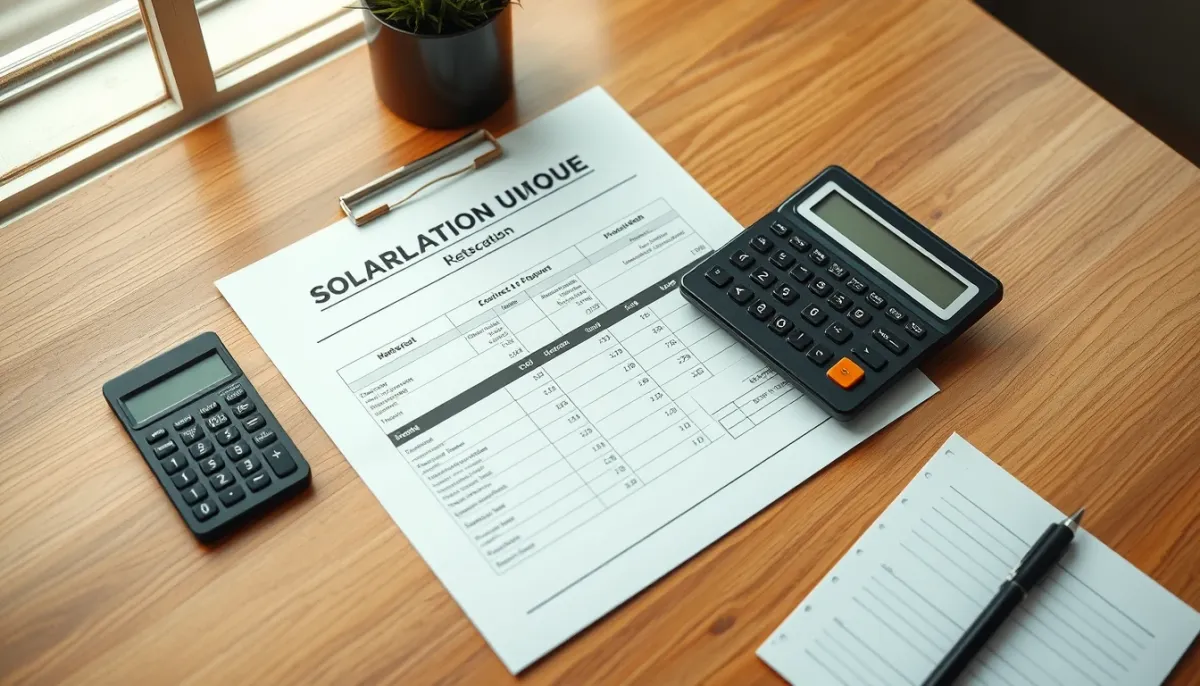 Devis d'installation solaire et calculatrice sur un bureau en bois