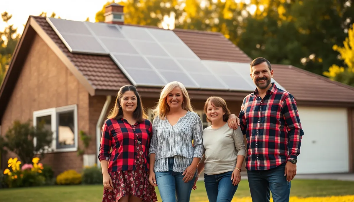 Famille devant sa maison équipée de panneaux solaires