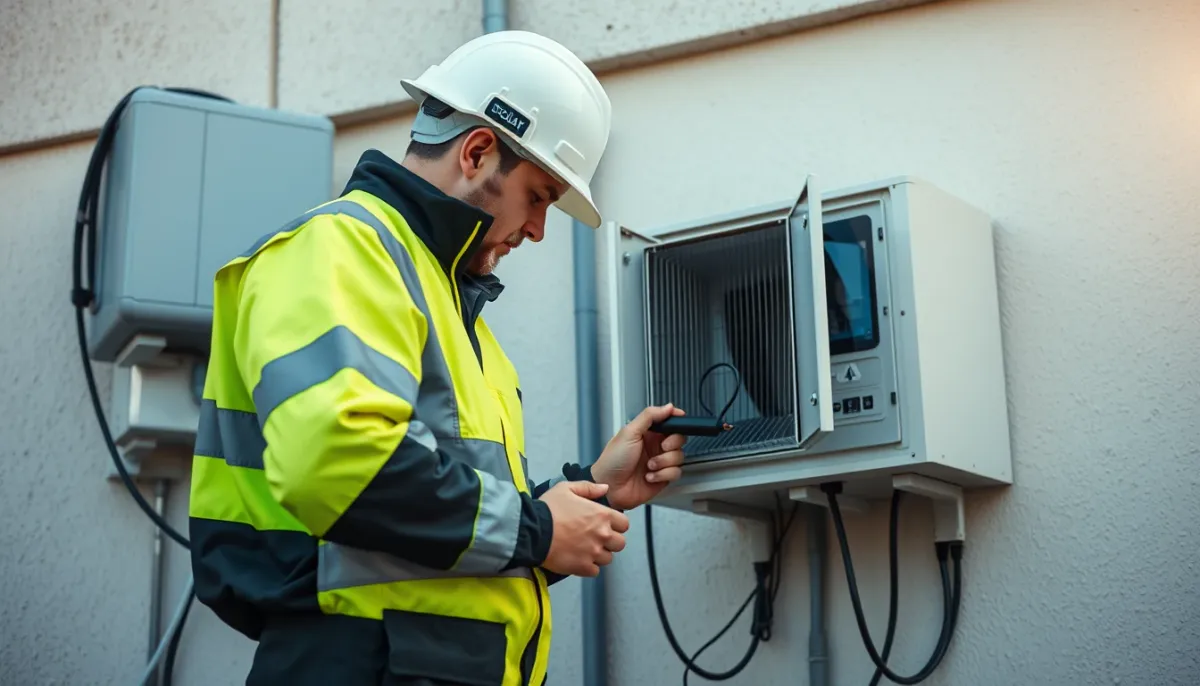 Technicien vérifiant l'onduleur d'une installation solaire, facteur influençant le montant du rachat EDF OA